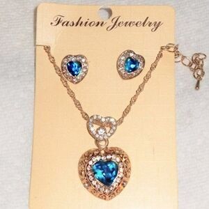 2pc Aquamarine Teal Blue CZ Gold Heart Earrings & Necklace Set